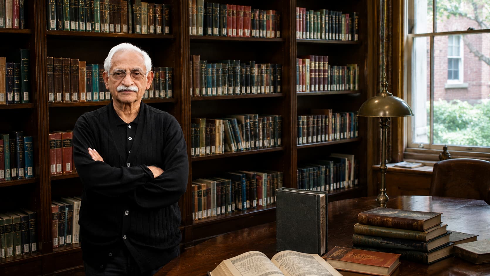 Dr. Badr Hashemi in his library, standing before shelves of classical books
