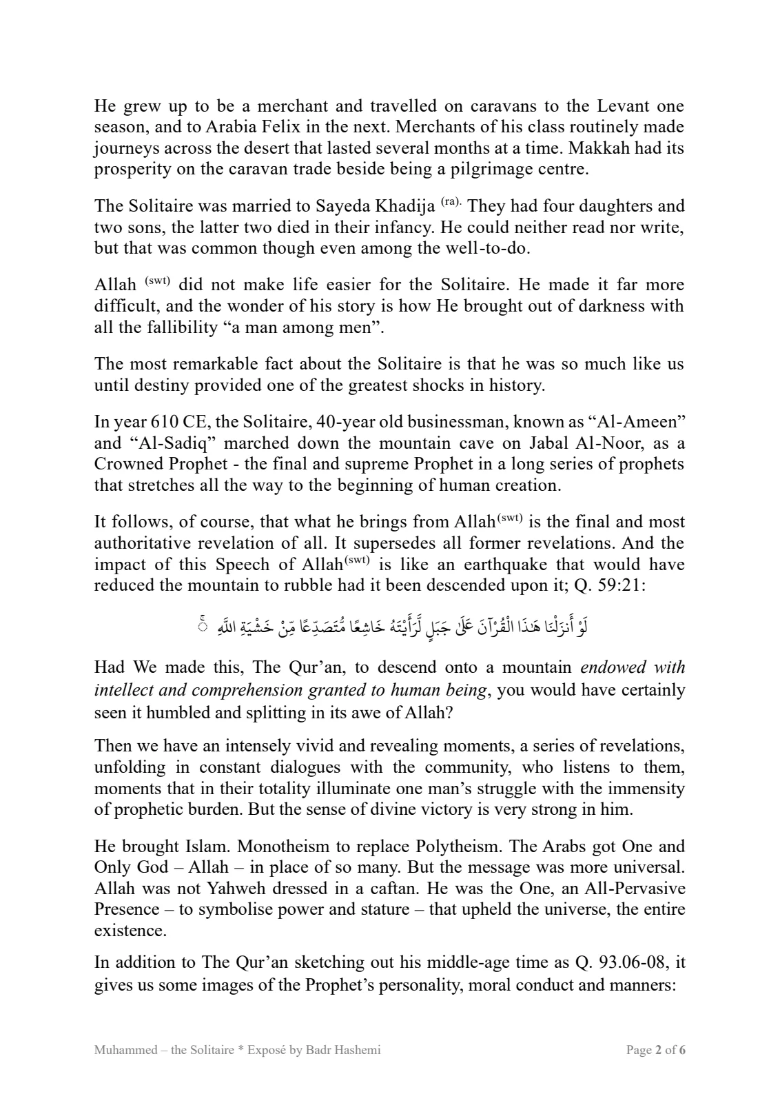 Page 2 of the essay Muhammed — the Solitaire